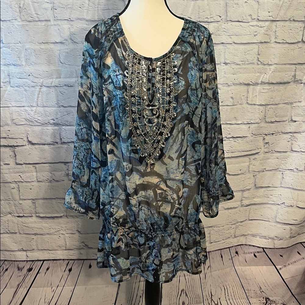 Chico’s Sheer Tunic Top Beaded Embellished Chico’s Size 3 XL Watercolor Blue